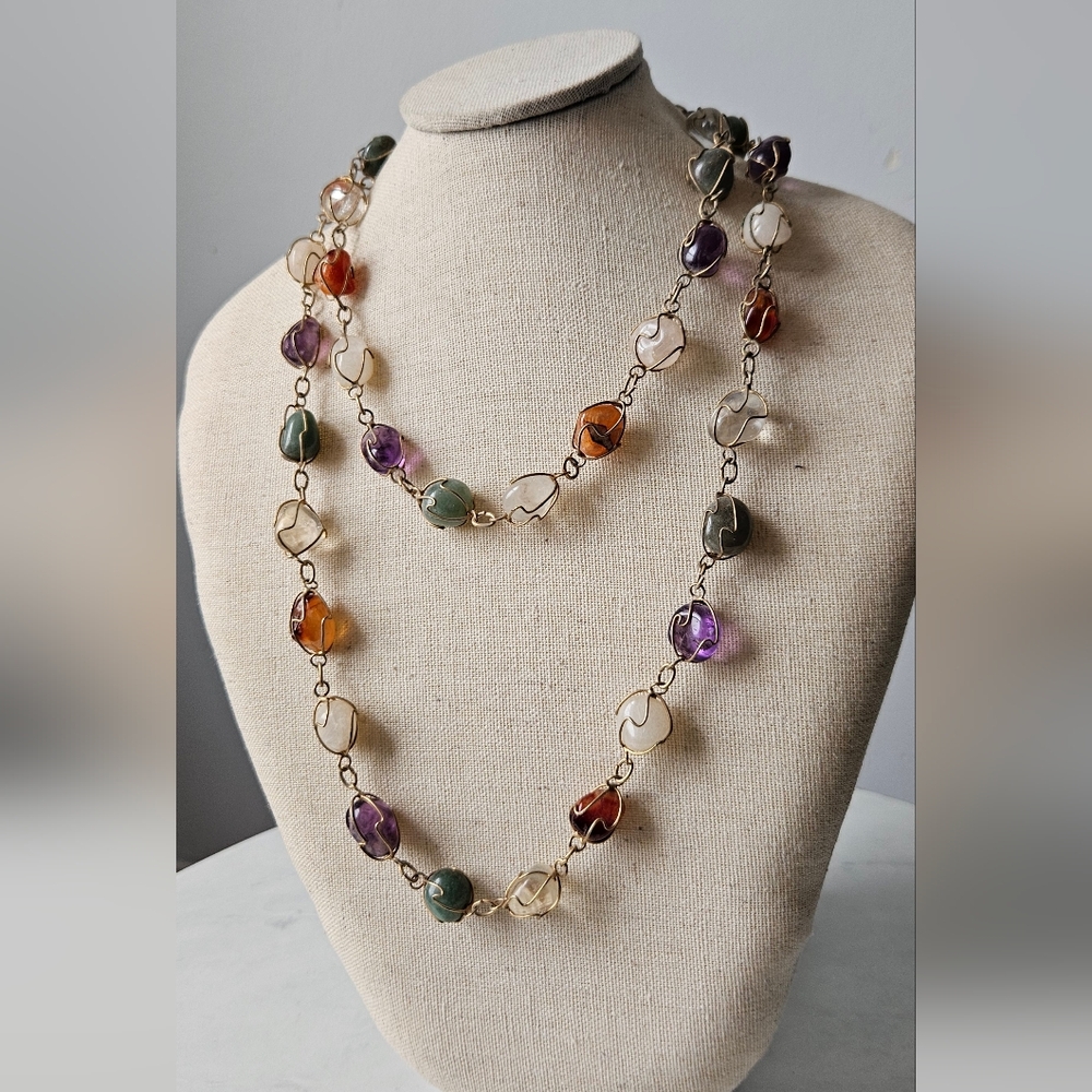 Vintage Gold tone Caged Wire Wrapped Tumbled Multicolored Gemstone Necklace